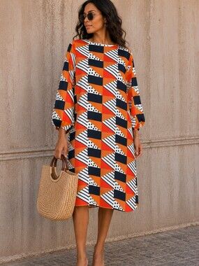 The Odells Geometric Mod Tunic Dress XL Orange Navy Midi Retro Balloon Sleeve